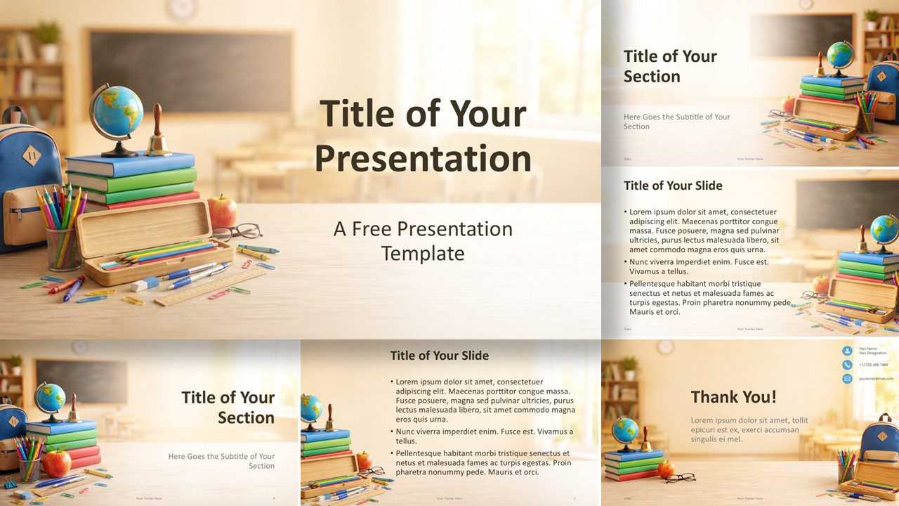 School Day PowerPoint & Google Slides Template School day PowerPoint and Google Slides template with classroom photography and custom color palette