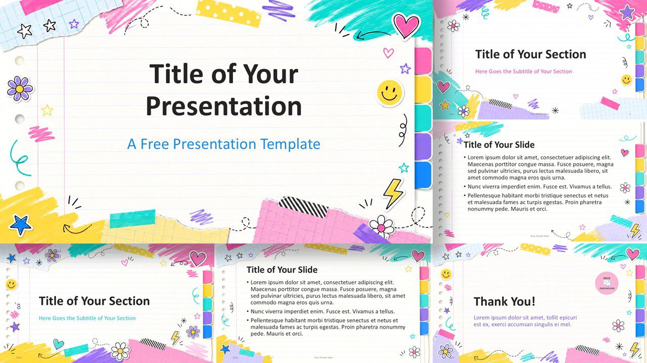 Playful School Notes PowerPoint & Google Slides Template Playful school notes PowerPoint and Google Slides template with lined paper, doodles, and colorful tabs