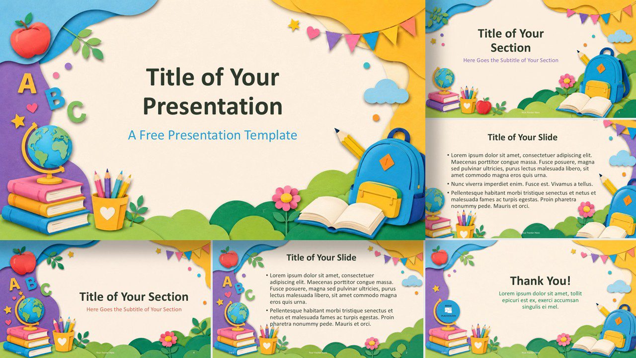 Playful Learning PowerPoint & Google Slides Template Playful learning PowerPoint and Google Slides template with books, pencils, a globe, and paper-cut classroom scenes
