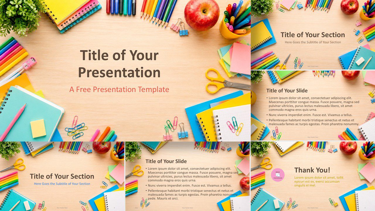 School Supplies Desk PowerPoint & Google Slides Template School supplies desk PowerPoint and Google Slides template for teachers, trainers, and students