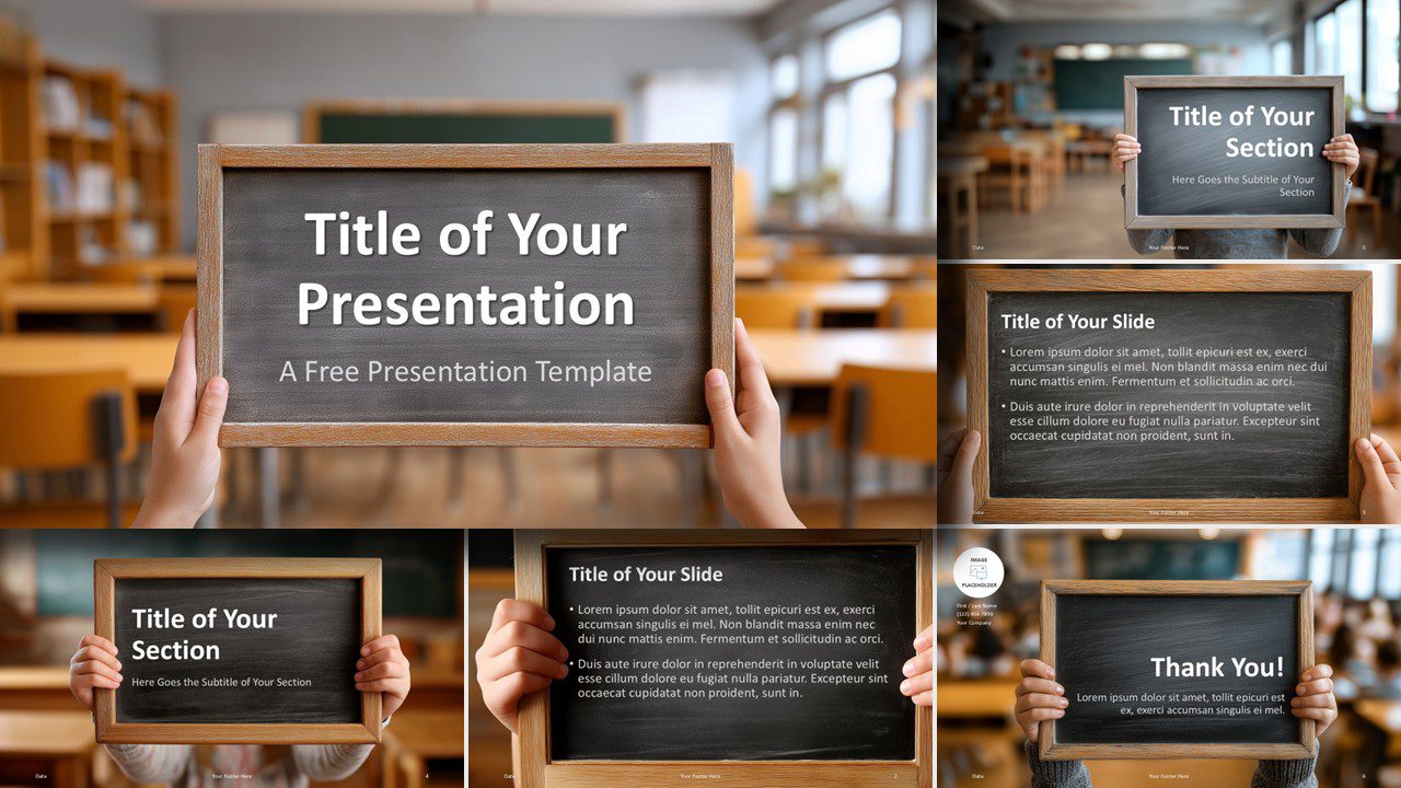 Chalkboard Classroom PowerPoint & Google Slides Template Chalkboard classroom PowerPoint and Google Slides template for educational talks and school projects