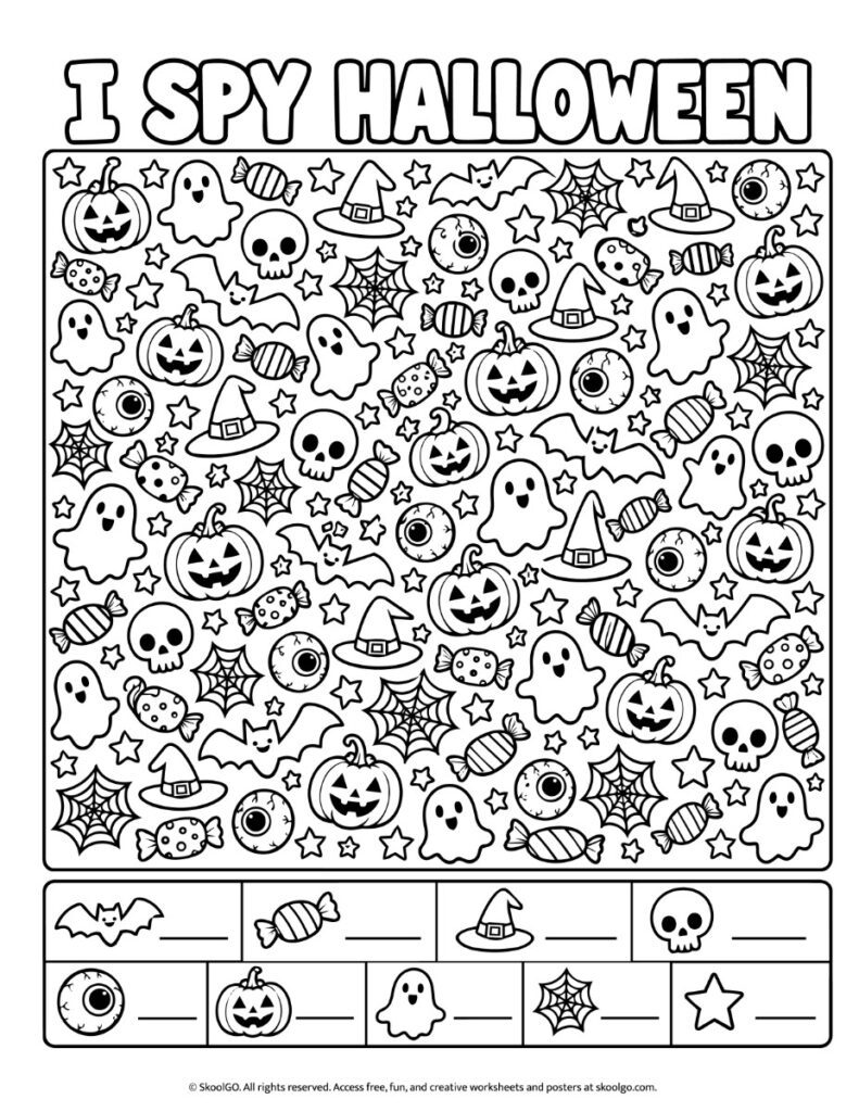 I Spy Halloween – Black-and-White Counting Worksheet Black-and-white I Spy Halloween worksheet featuring nine types of Halloween objects to find, count, and record in answer spaces.