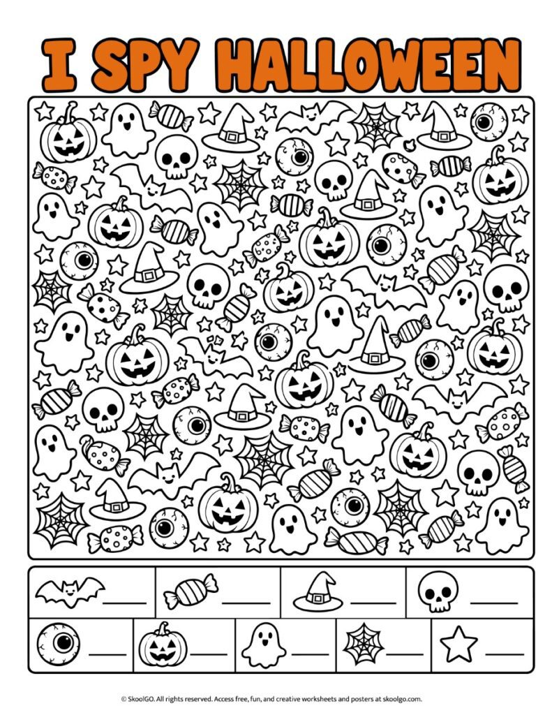 I Spy Halloween – Color Halloween Counting Worksheet Color I Spy Halloween worksheet with hidden bats, candies, witch hats, skulls, eyeballs, pumpkins, ghosts, spiderwebs, and stars to count.