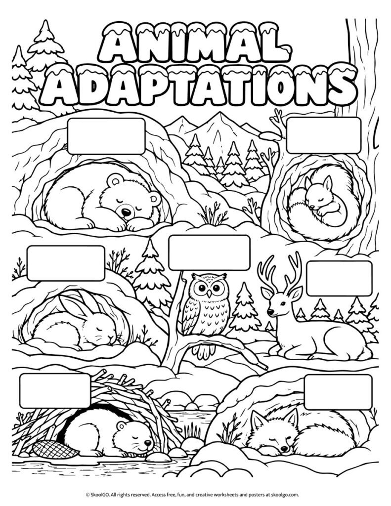 Animal Adaptations – Write the Winter Survival Strategies Printable animal adaptations worksheet with seven winter animal illustrations and empty boxes for students to write adaptation names or explanations.