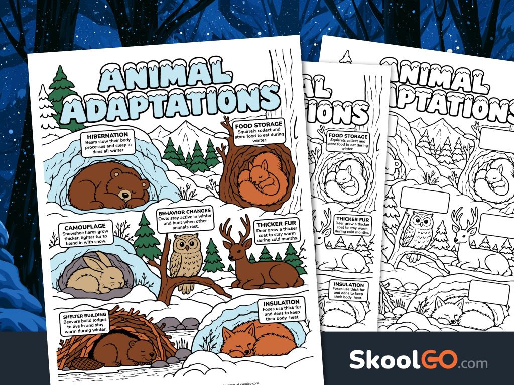 Animal adaptations worksheet showing seven winter survival strategies with illustrated bears, squirrels, hares, owls, deer, beavers, and foxes.
