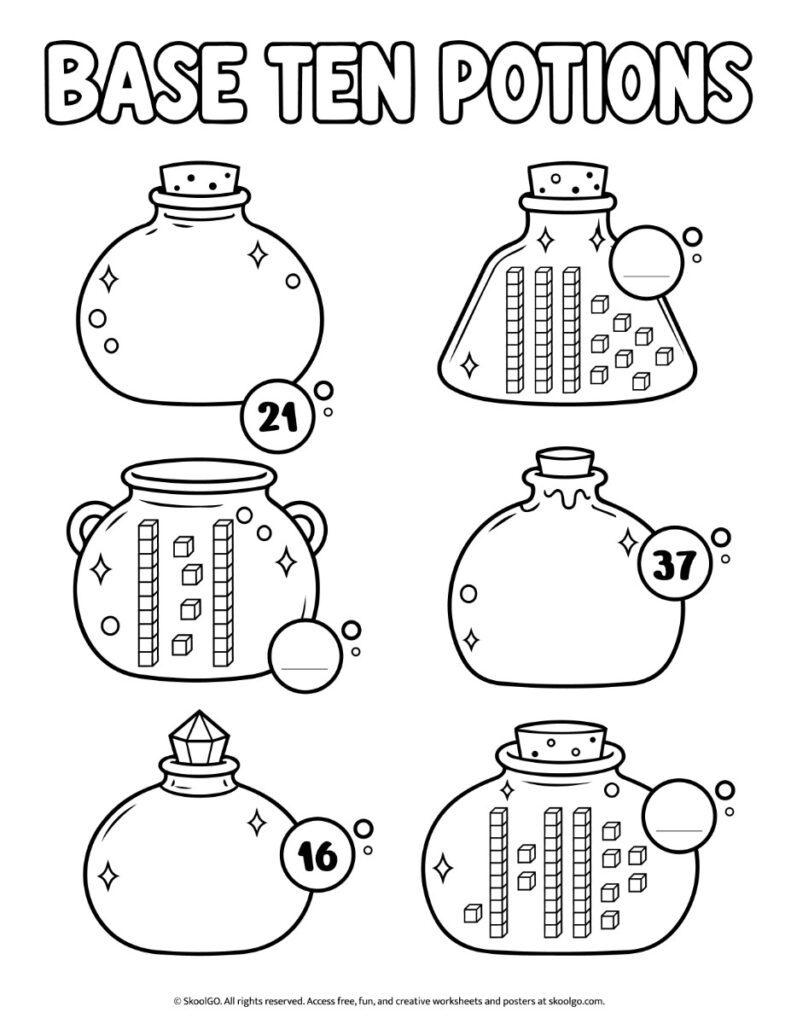 Base Ten Potions – Black-and-White Halloween Place Value Worksheet Black-and-white Halloween place value worksheet featuring six potion bottles with numbers, tens rods, ones cubes, and blank answer spaces.