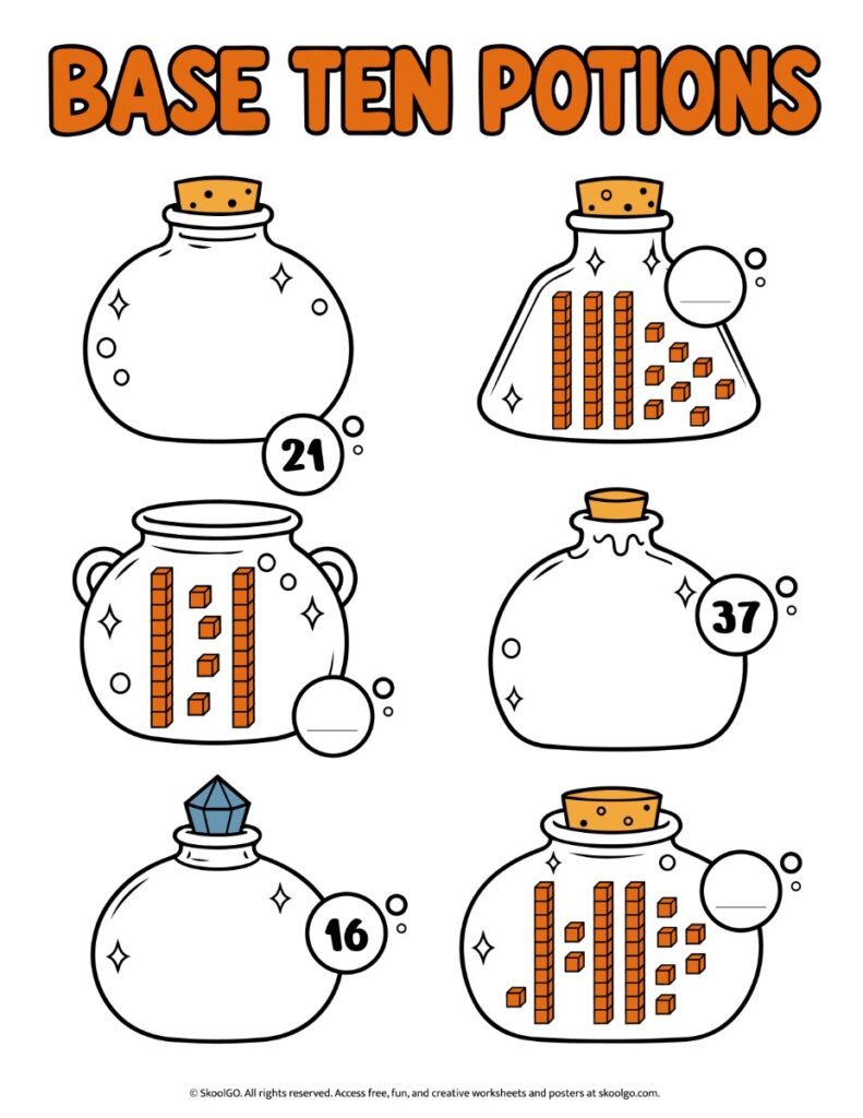 Base Ten Potions – Color Halloween Place Value Worksheet Color Halloween base ten worksheet with six potion bottles for representing numbers using tens rods and ones cubes.