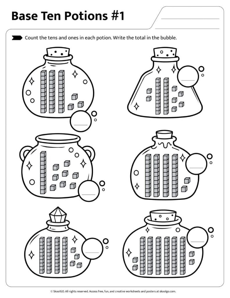 Printable black and white worksheet for counting tens and ones