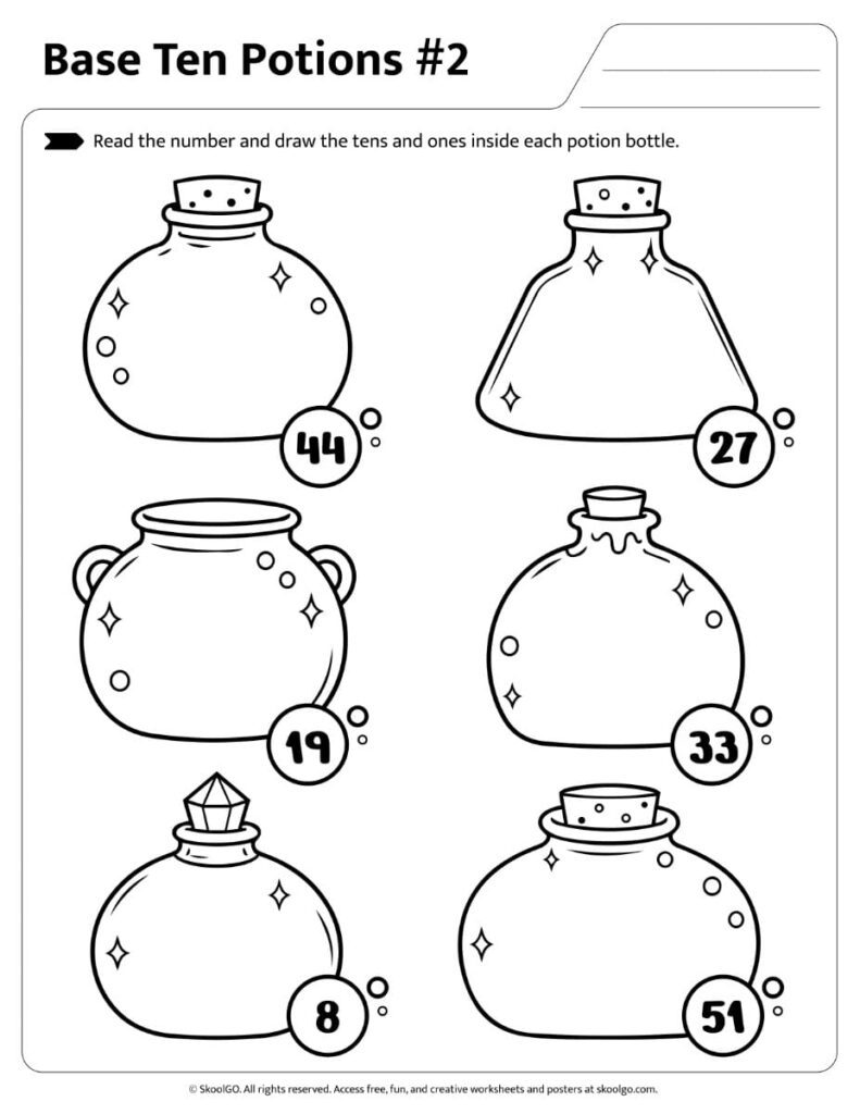Printable worksheet for drawing base ten blocks inside potion bottles