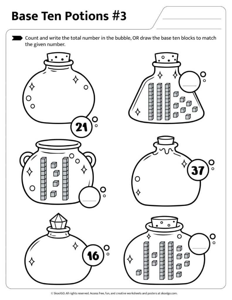 Printable mixed place value worksheet using base ten potion activities
