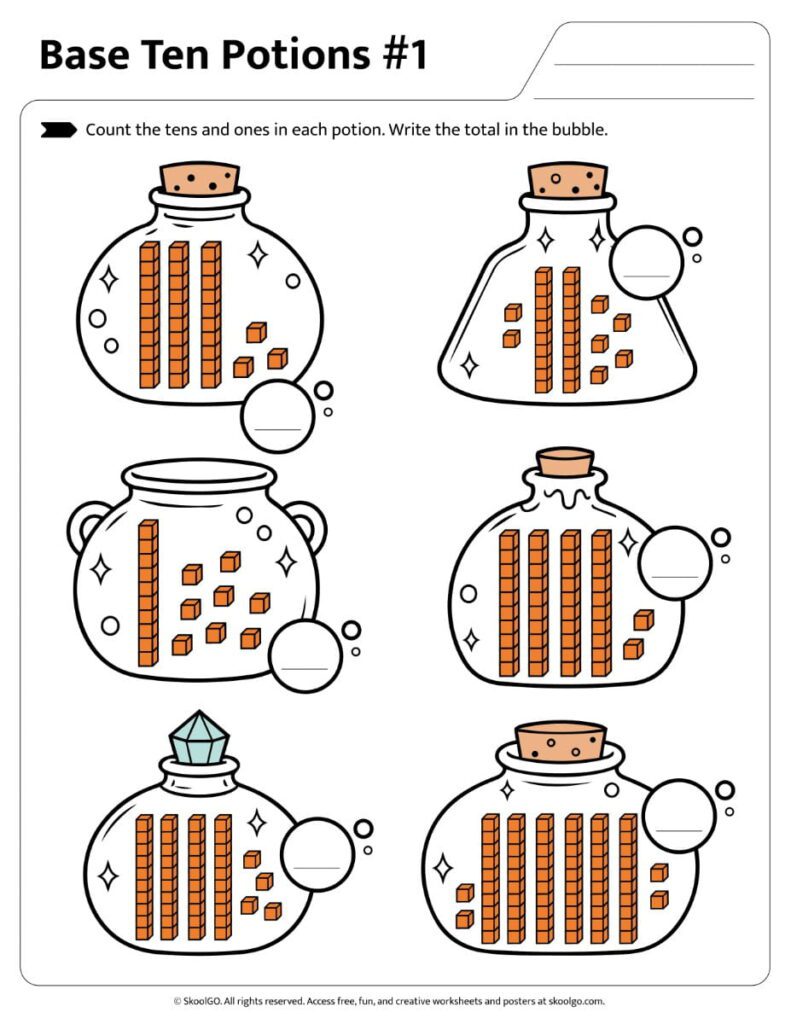 Students count tens and ones in potion bottles using base ten blocks