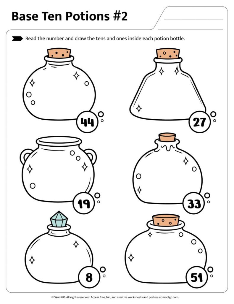 Potion-themed worksheet for drawing tens and ones to represent numbers
