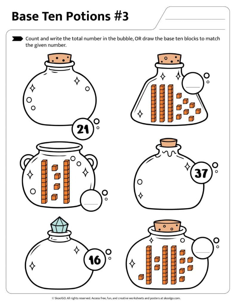 Mixed place value worksheet with counting and drawing base ten blocks