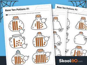 Base ten potions worksheet for practicing tens and ones with printable place value activities