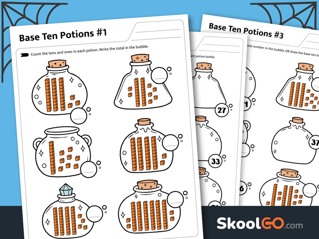 Base ten potions worksheet for practicing tens and ones with printable place value activities