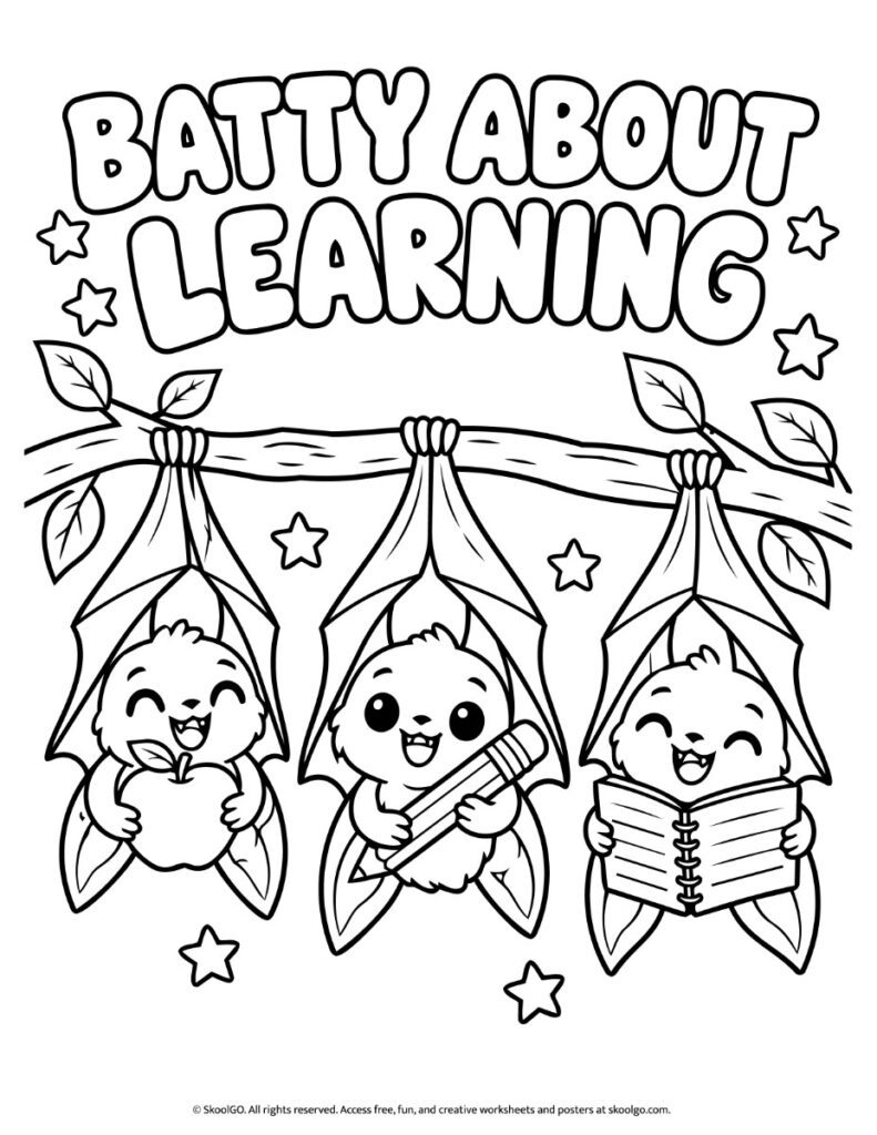 Batty About Learning – Black-and-White Coloring Poster Black-and-white Batty About Learning poster with outlined lettering and three smiling bats holding school supplies.