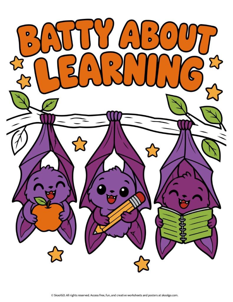 Batty About Learning – Color Printable Poster Colorful Halloween classroom poster with orange Batty About Learning lettering, three purple bats, leaves, and stars.