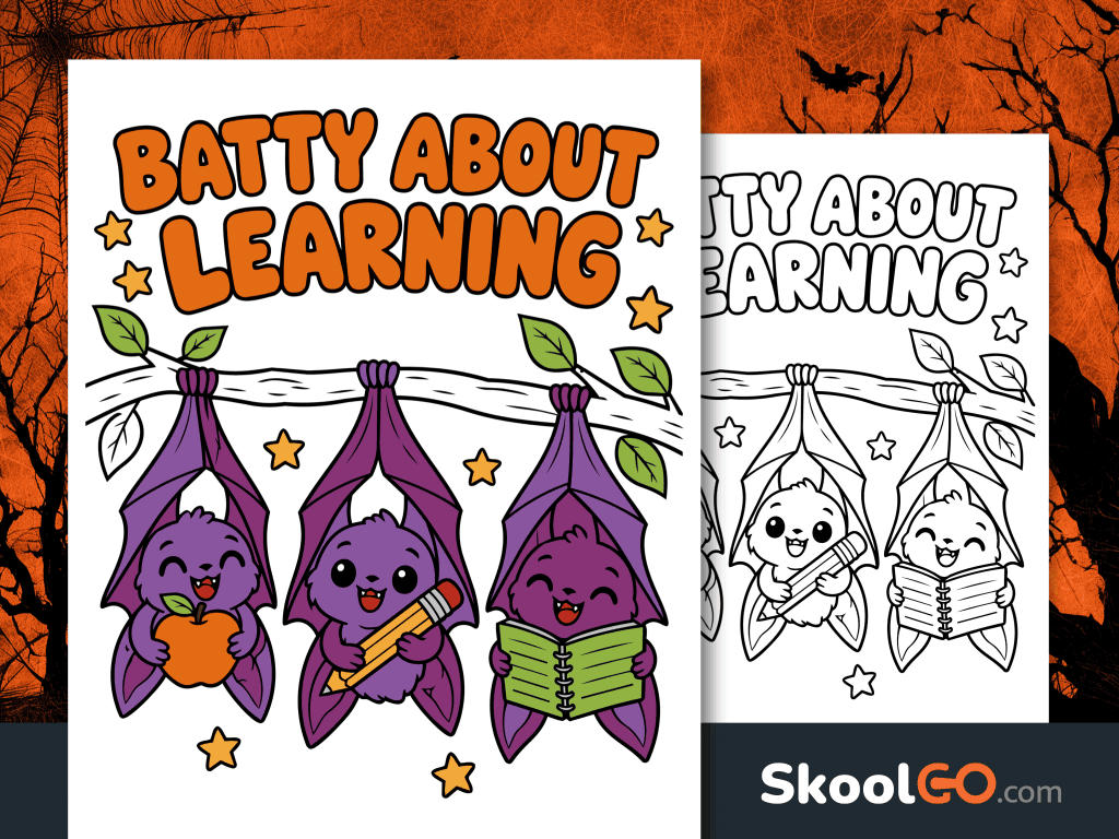 Batty About Learning poster with three purple bats hanging from a branch, holding an apple, pencil, and notebook.