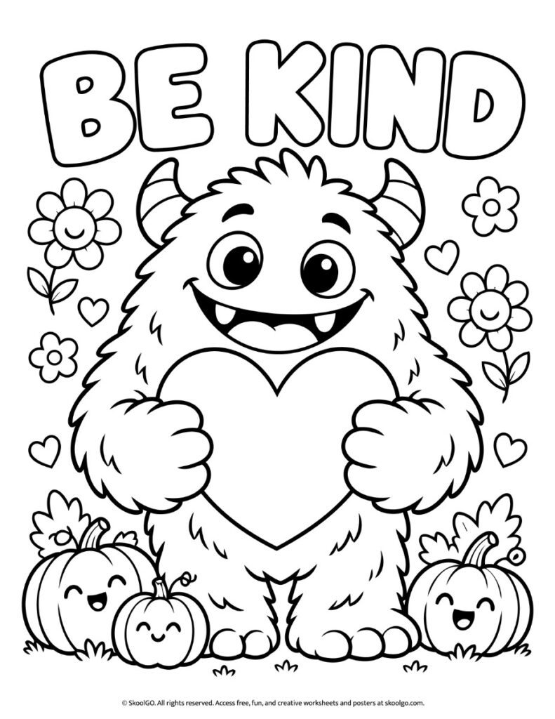Be Kind Monster Poster – Black-and-White Coloring Page Black-and-white Be Kind coloring page with a smiling monster holding a large heart, flowers, small hearts, and pumpkins.
