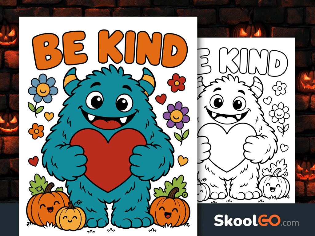 Be Kind poster with a smiling teal monster holding a red heart, surrounded by colorful flowers, small hearts, and pumpkins.