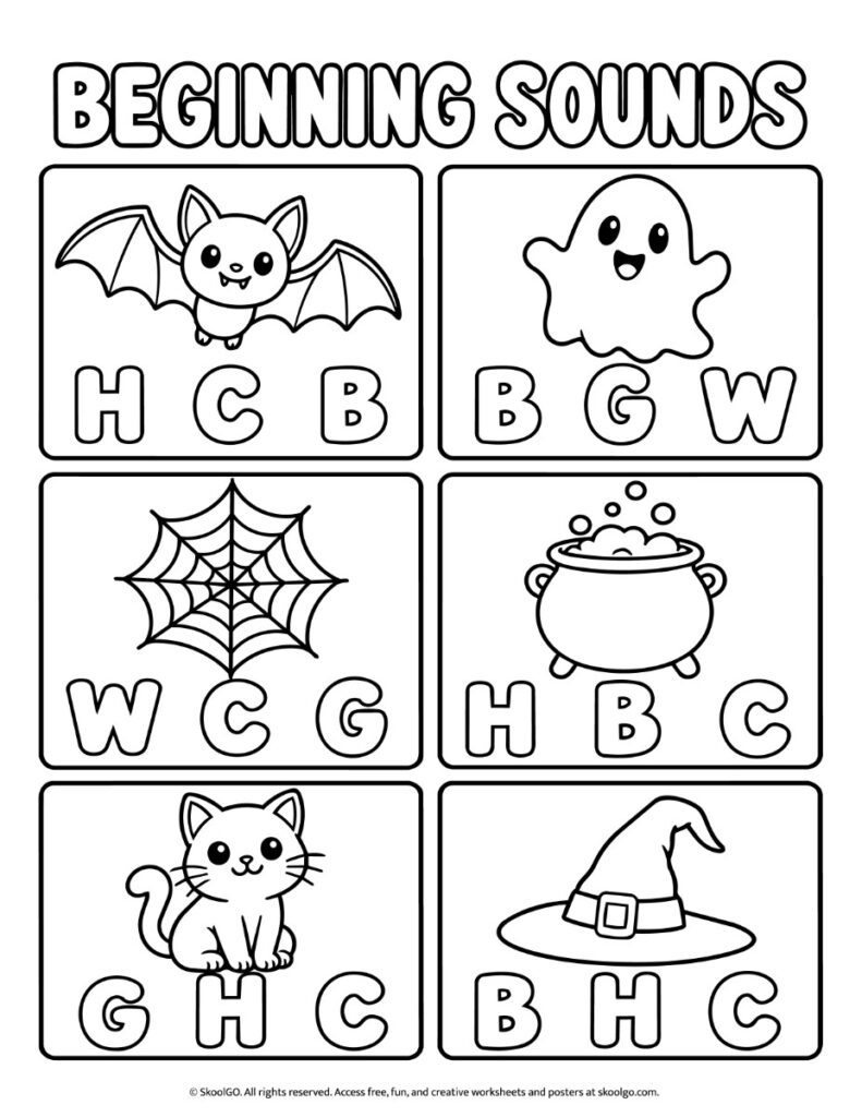 Beginning Sounds – Black-and-White Halloween Phonics Worksheet Black-and-white Halloween beginning sounds worksheet with six illustrated objects and three uppercase letter choices beneath each picture.