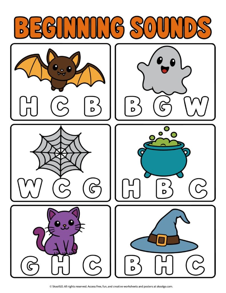 Beginning Sounds – Color Halloween Phonics Worksheet Color Halloween beginning sounds worksheet with six pictures of a bat, ghost, web, cauldron, cat, and witch hat, each with three letter choices.