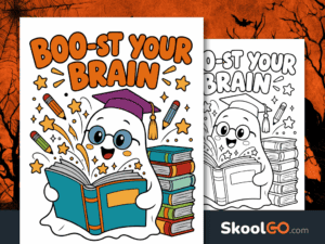 Boo-st Your Brain Halloween reading poster with a smiling ghost wearing glasses and a graduation cap, holding a book beside a stack of books.