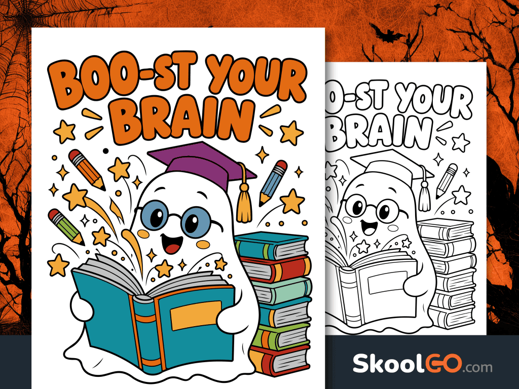 Boo-st Your Brain Halloween reading poster with a smiling ghost wearing glasses and a graduation cap, holding a book beside a stack of books.