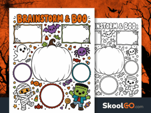 Colorful Brainstorm & Boo Halloween worksheet with a large pumpkin, five blank writing spaces, and cute Halloween characters.