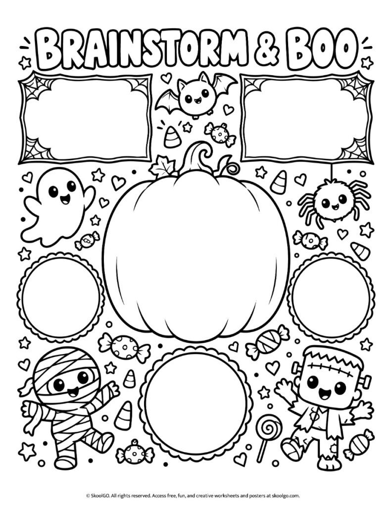 Brainstorm & Boo – Black-and-White Halloween Worksheet Black-and-white Brainstorm & Boo worksheet with blank pumpkin and writing spaces surrounded by Halloween illustrations to color.