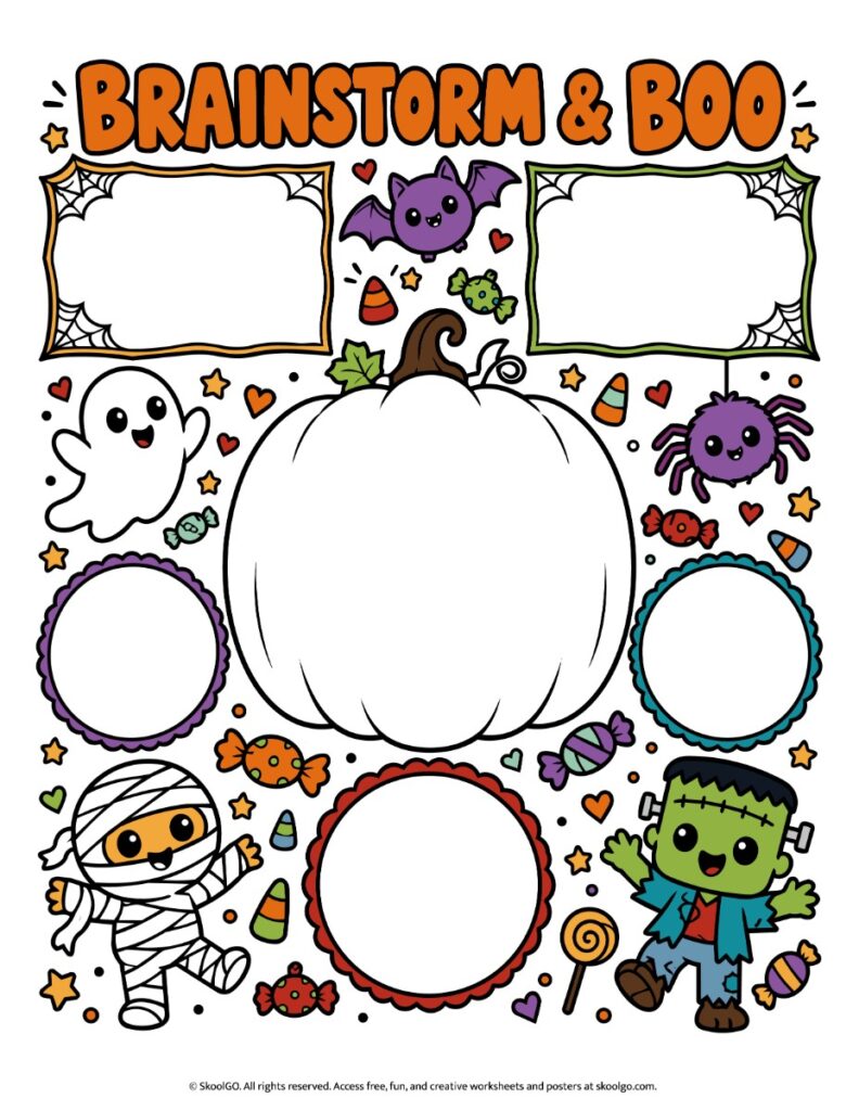 Brainstorm & Boo – Color Halloween Writing Organizer Color Halloween brainstorming worksheet with a central pumpkin, two rectangular boxes, three circles, and illustrated ghosts, bats, and monsters.