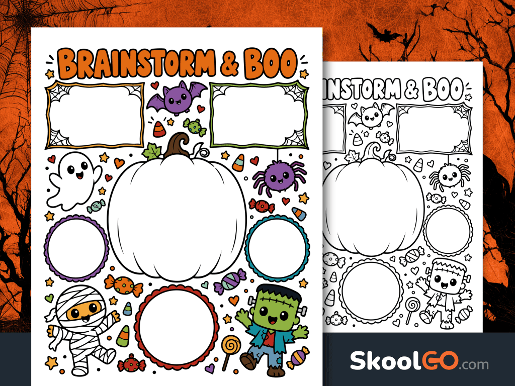 Colorful Brainstorm & Boo Halloween worksheet with a large pumpkin, five blank writing spaces, and cute Halloween characters.