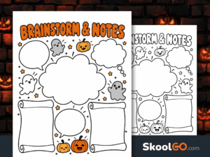 Halloween Brainstorm & Notes printable with orange lettering, smiling pumpkins, friendly ghosts, blank clouds, and writing scrolls.