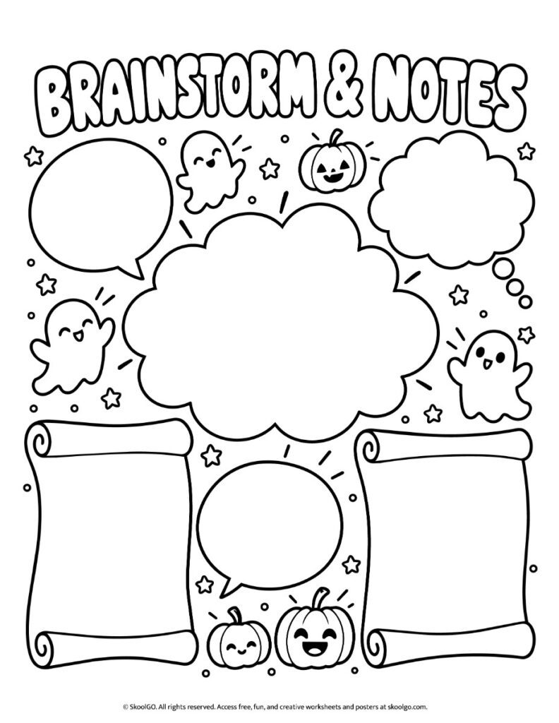 Halloween Brainstorming Template – Black-and-White Page Black-and-white Halloween brainstorming page with outlined pumpkins, ghosts, stars, blank thought bubbles, and scroll-shaped writing spaces.