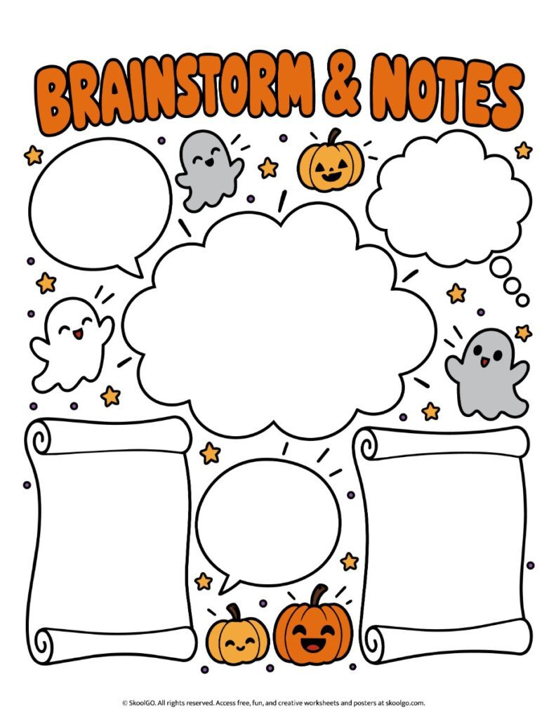 Halloween Brainstorming Template – Color Page Color Halloween brainstorming template featuring orange pumpkins, gray ghosts, speech bubbles, a large central cloud, and two blank scrolls.