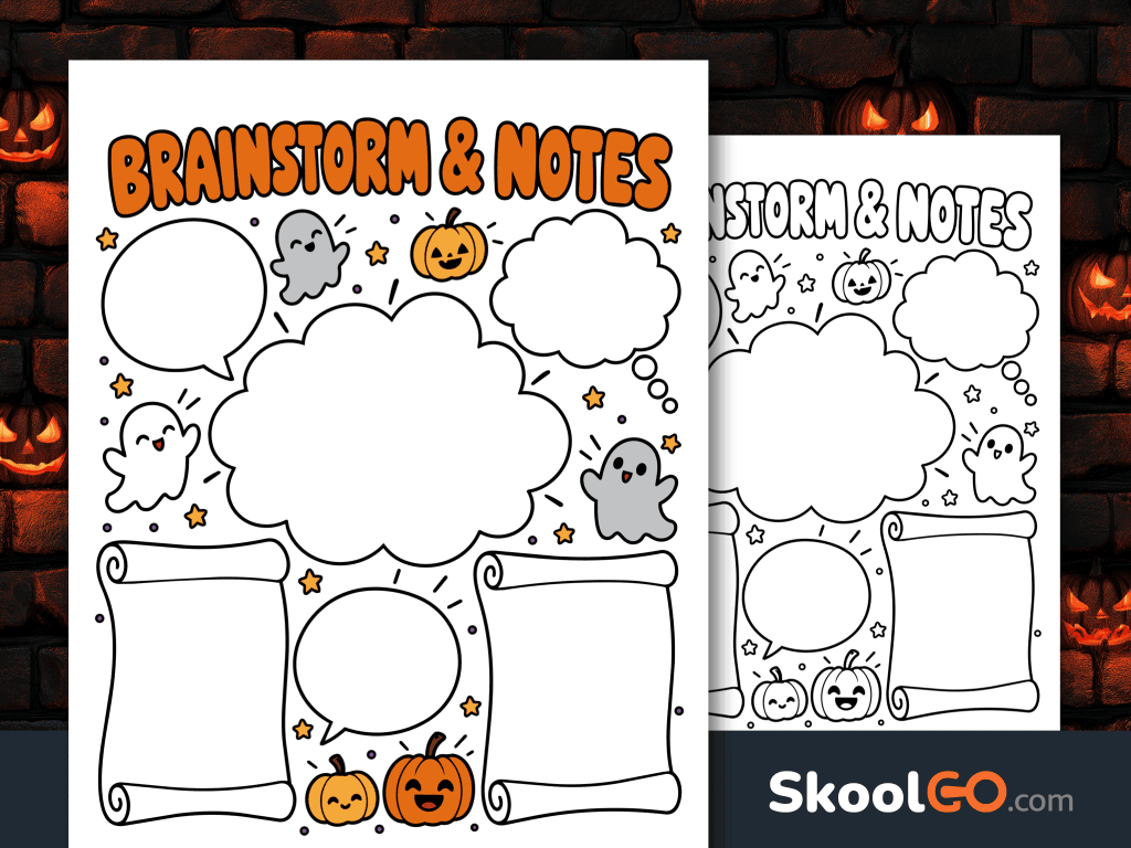 Halloween Brainstorm & Notes printable with orange lettering, smiling pumpkins, friendly ghosts, blank clouds, and writing scrolls.