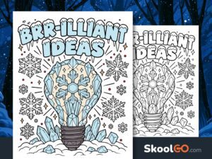 Brr-illiant Ideas winter poster with an icy blue crystal light bulb, snowflakes, and snowy lettering.