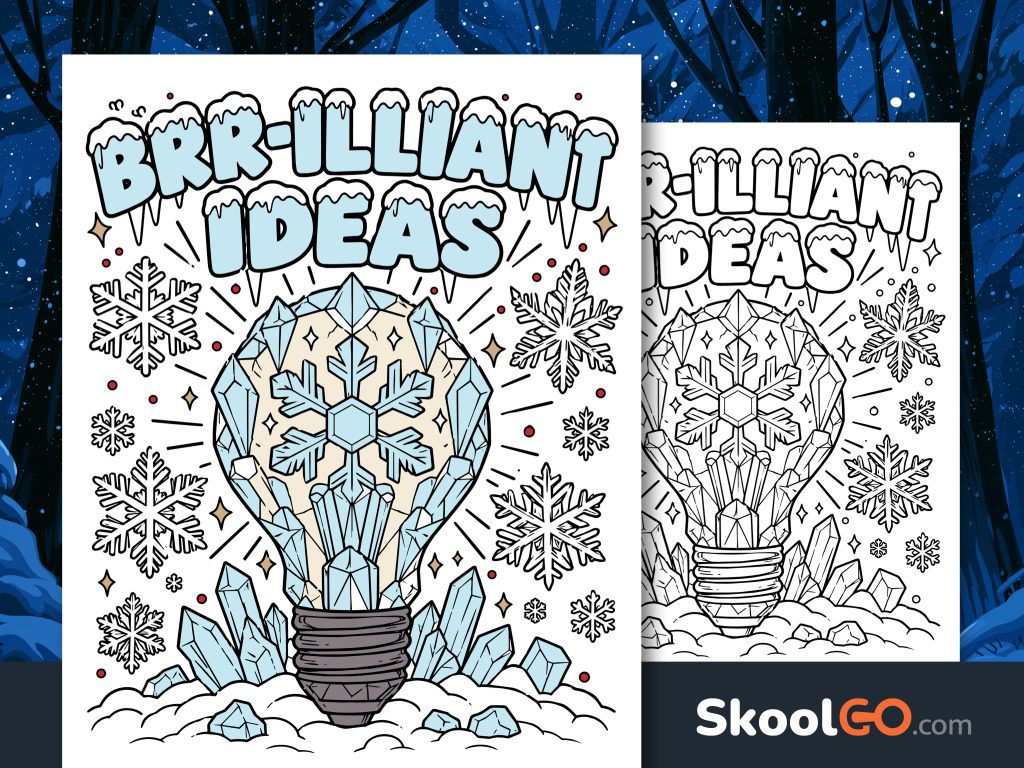 Brr-illiant Ideas winter poster with an icy blue crystal light bulb, snowflakes, and snowy lettering.