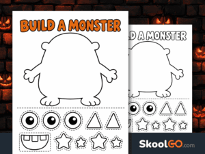 Build a Monster printable worksheet with a blank monster outline, three eyes, a smiling mouth, triangles, and stars to cut out.