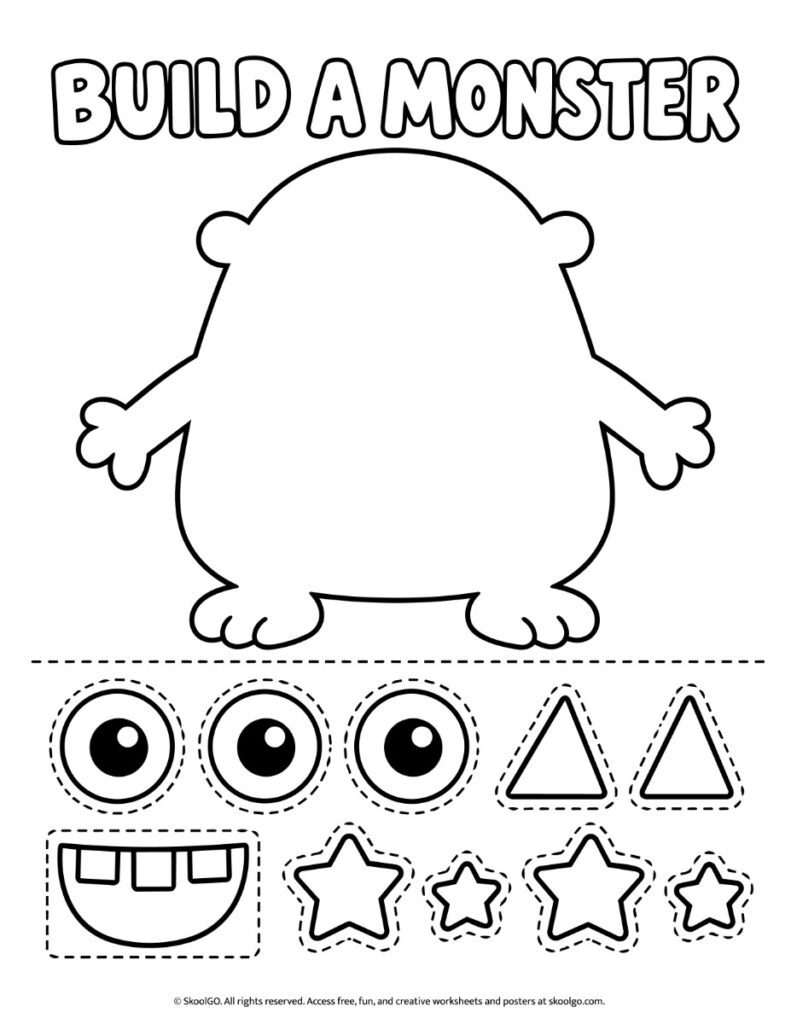 Build a Monster Cut and Paste Worksheet – Black-and-White Version Black-and-white Build a Monster worksheet featuring a blank monster outline, cutout eyes, a mouth, triangles, and stars.