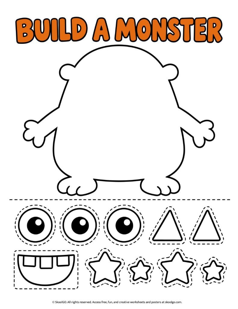 Build a Monster Cut and Paste Worksheet – Color Title Monster craft worksheet with an orange Build a Monster heading, an empty monster body, and facial features with dashed cutting guides.