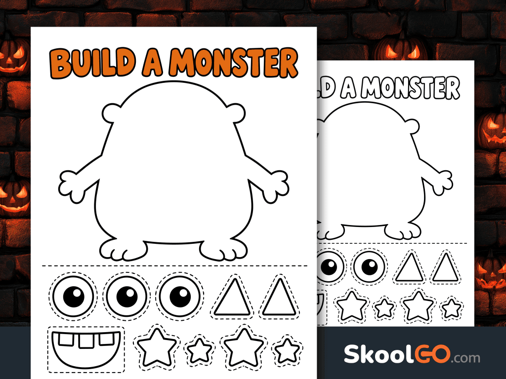 Build a Monster printable worksheet with a blank monster outline, three eyes, a smiling mouth, triangles, and stars to cut out.