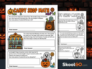 Colorful Halloween candy shop math worksheet with three word problems, pumpkins, candy, and a friendly ghost.