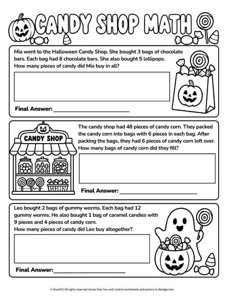 Halloween Candy Shop Math – Black-and-White Printable Black-and-white Halloween candy shop math worksheet with three word problems and outlined pumpkins, candy, and ghost illustrations.