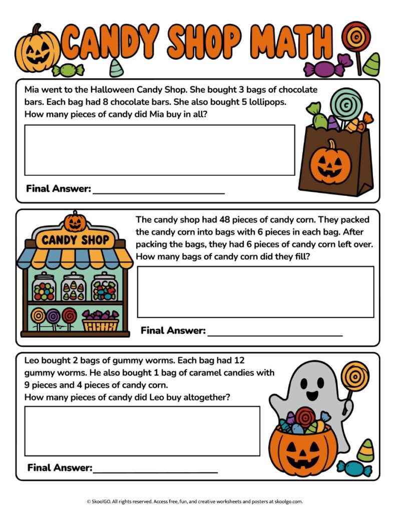 Halloween Candy Shop Math – Color Printable Color Halloween math worksheet with three candy shop word problems about chocolate bars, candy corn, and gummy worms.