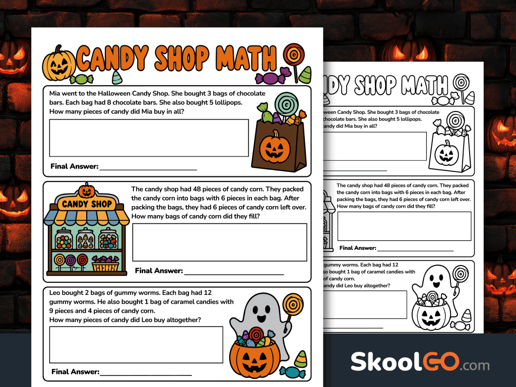 Colorful Halloween candy shop math worksheet with three word problems, pumpkins, candy, and a friendly ghost.