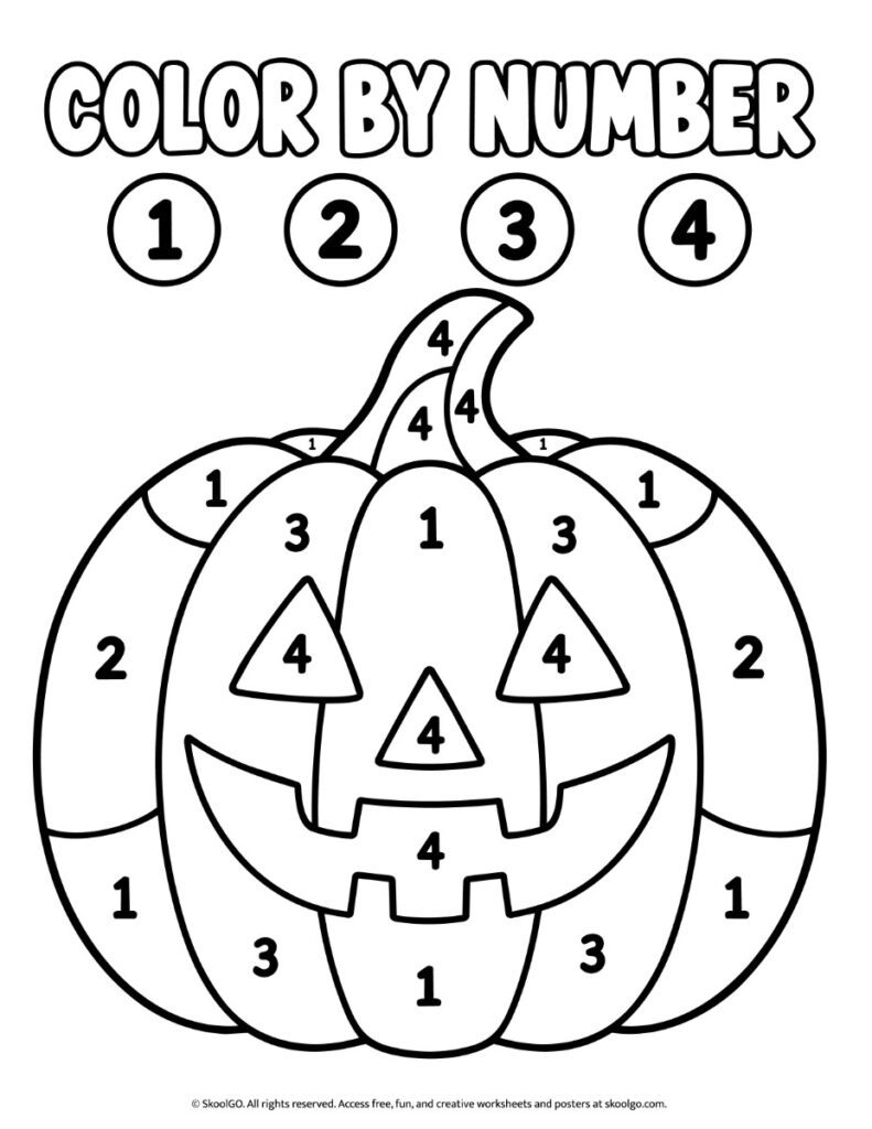 Color by Number – Black-and-White Halloween Pumpkin Worksheet Black-and-white Halloween color-by-number worksheet showing a jack-o'-lantern with numbered sections from 1 to 4.