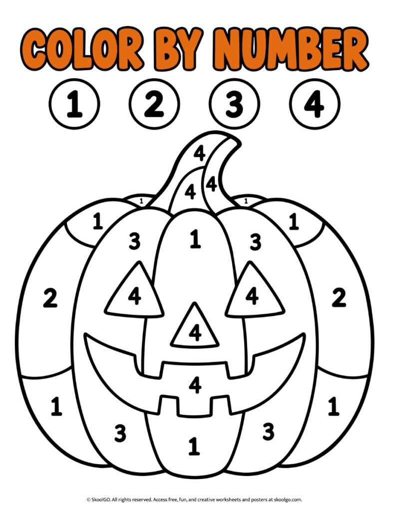 Color by Number – Color Halloween Pumpkin Worksheet Halloween color-by-number worksheet featuring a smiling jack-o'-lantern divided into sections labeled 1 through 4.