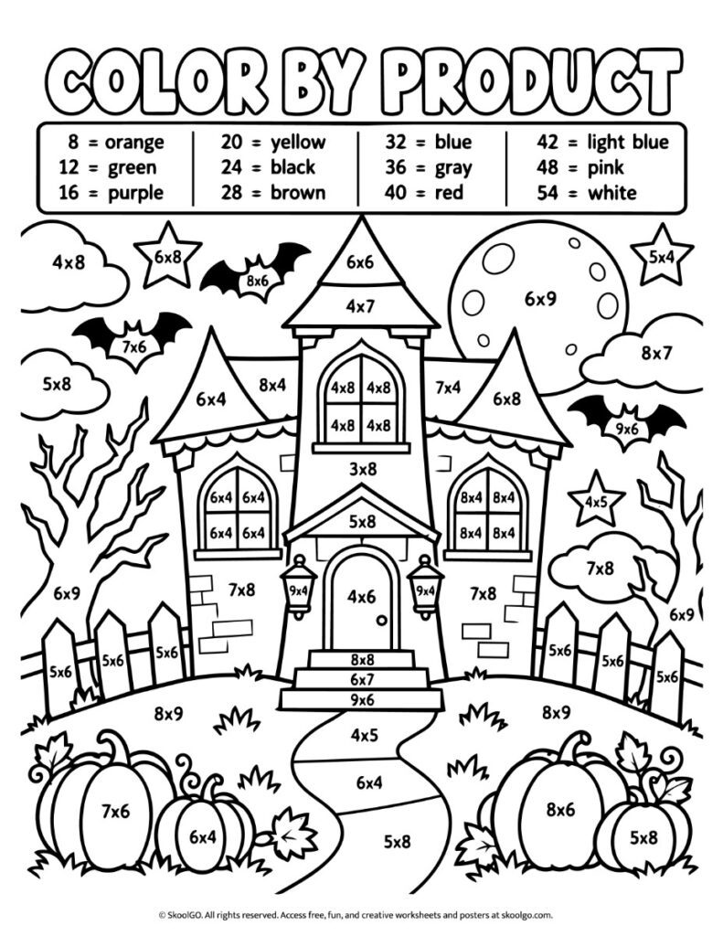 Color by Product – Halloween multiplication coloring worksheet featuring a haunted house scene and a color key for multiplication products. Color version of the Color by Product worksheet from The Ultimate Halloween Bundle. This printable multiplication coloring activity features a haunted house surrounded by bats, pumpkins, clouds, a moon, trees, and fences. Students solve multiplication problems within the illustration, then use the 12-color answer key to color each section according to its product. The problems include multiplication facts such as 4 × 8, 6 × 9, 7 × 6, and 8 × 4. The worksheet combines multiplication fact practice with number recognition, visual discrimination, and careful coloring. Its Halloween-themed design makes it suitable for seasonal math practice, independent work, or classroom math centers.