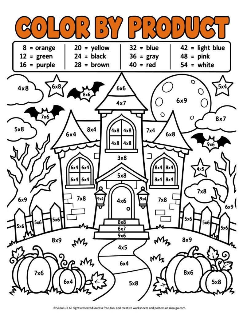 Color by Product – Color Halloween Multiplication Worksheet Halloween color by product multiplication worksheet featuring a haunted house, bats, pumpkins, and multiplication problems with a color key.